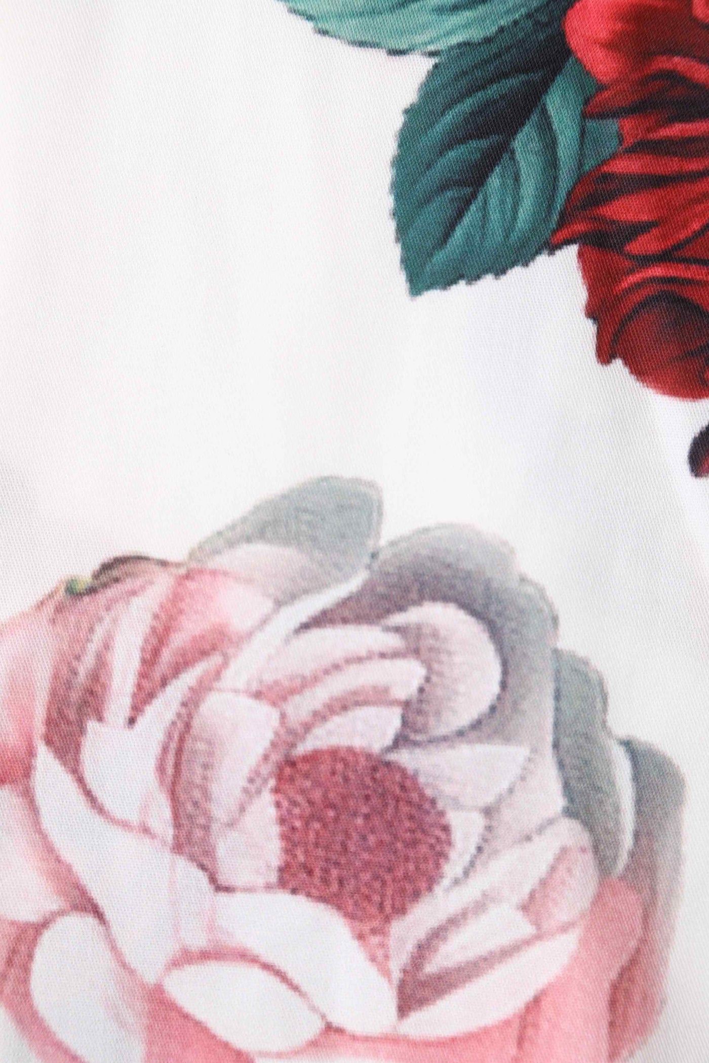 Close up view of Red Peony Swing Dress In White