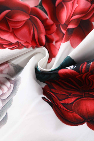 Close up view of Red Peony Swing Dress In White