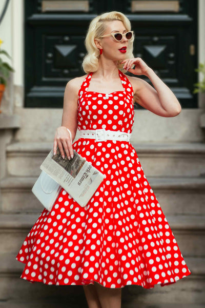 A woman wearing a Red Polka Dot Halter Dress
