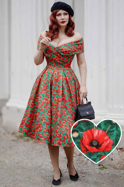A model wearing a  Red Poppy Garden Off Shoulder Dress