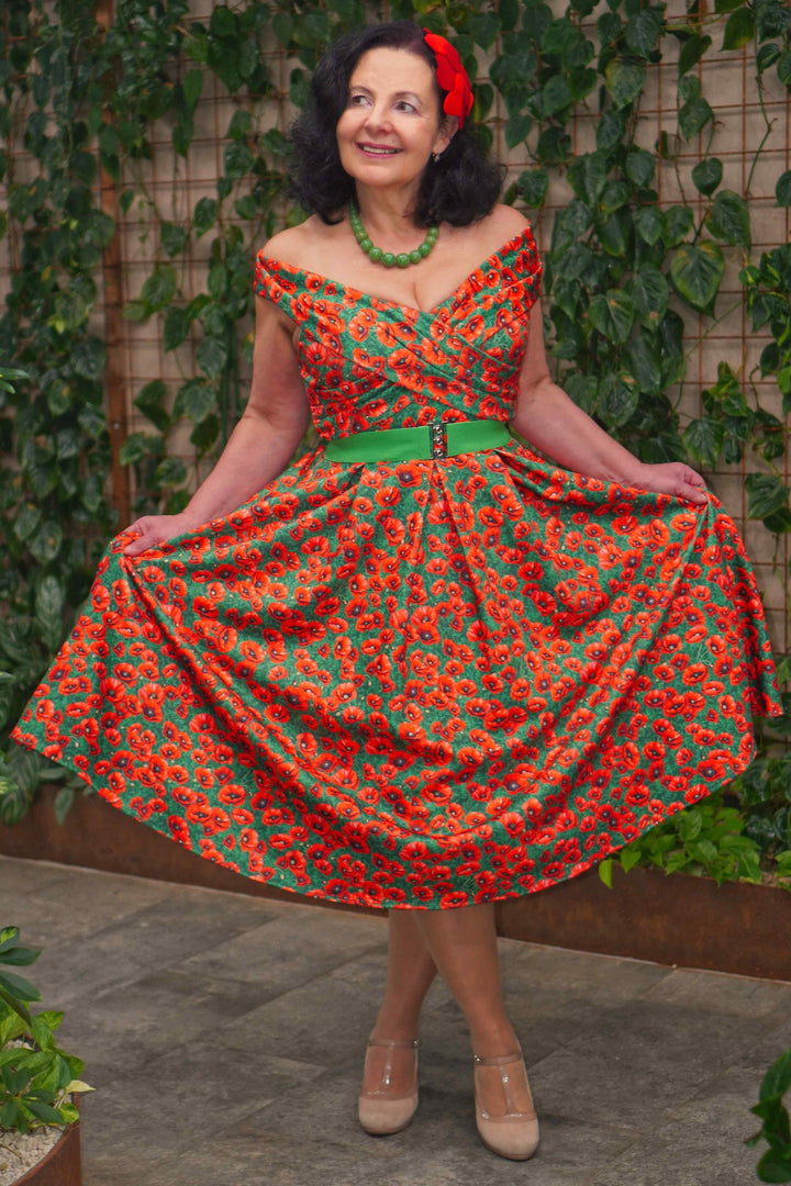 Beverly Red Poppy Garden Off Shoulder Formal Dress