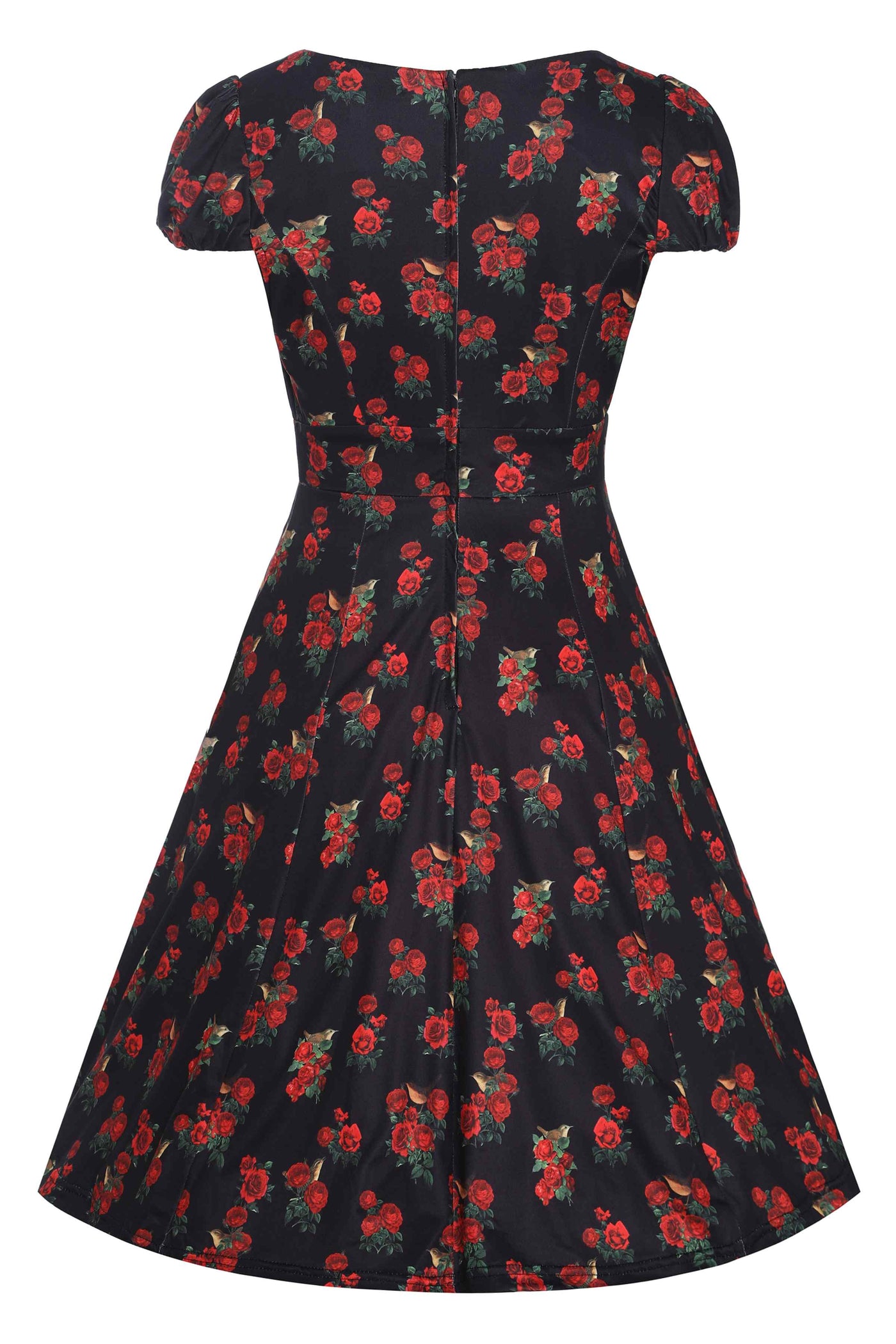 Back View of Red Rose and Bird Cap Sleeved Swing Dress in black