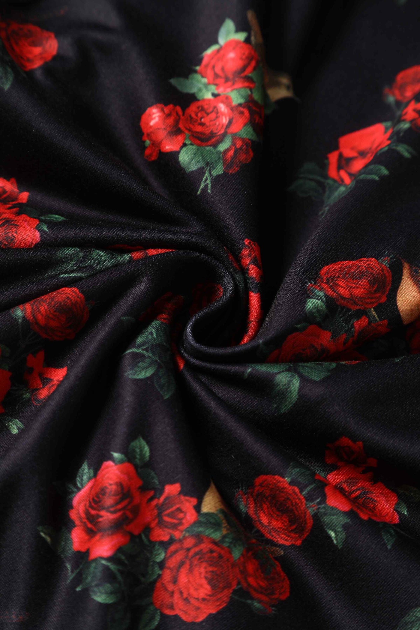 Close up View of Red Rose and Bird Cap Sleeved Swing Dress in black