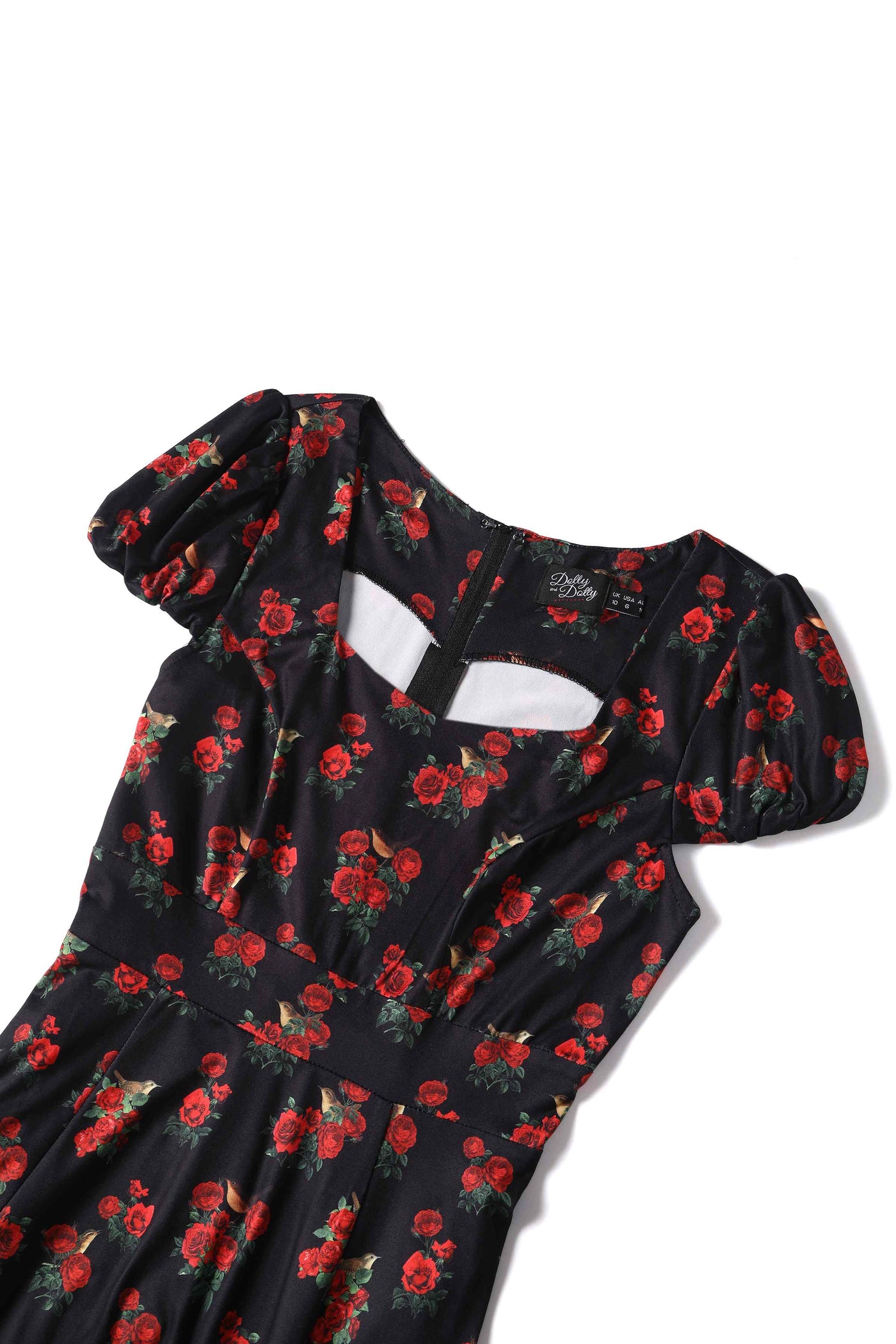 Close up View of Red Rose and Bird Cap Sleeved Swing Dress in black