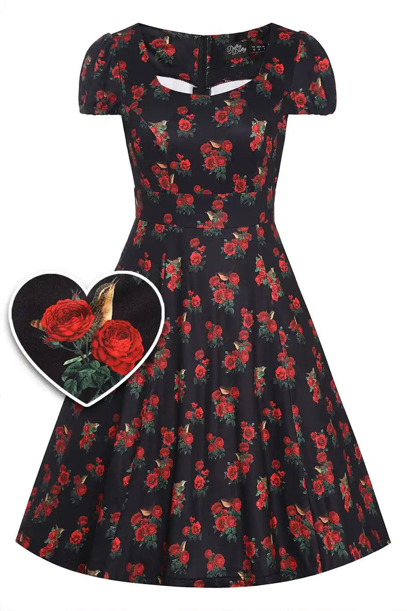 Front View of Red Rose and Bird Cap Sleeved Swing Dress in black