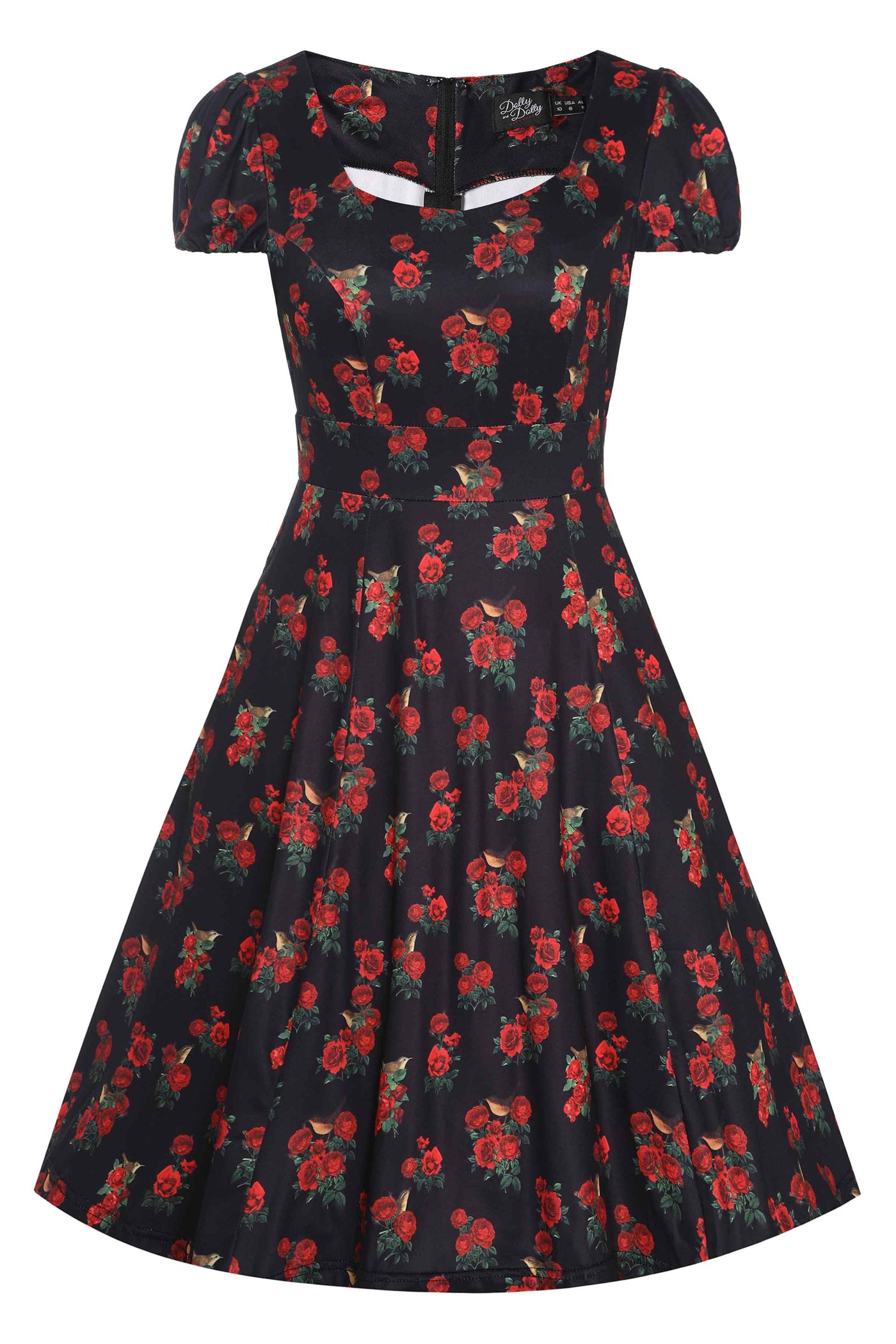 Front View of Red Rose and Bird Cap Sleeved Swing Dress in black