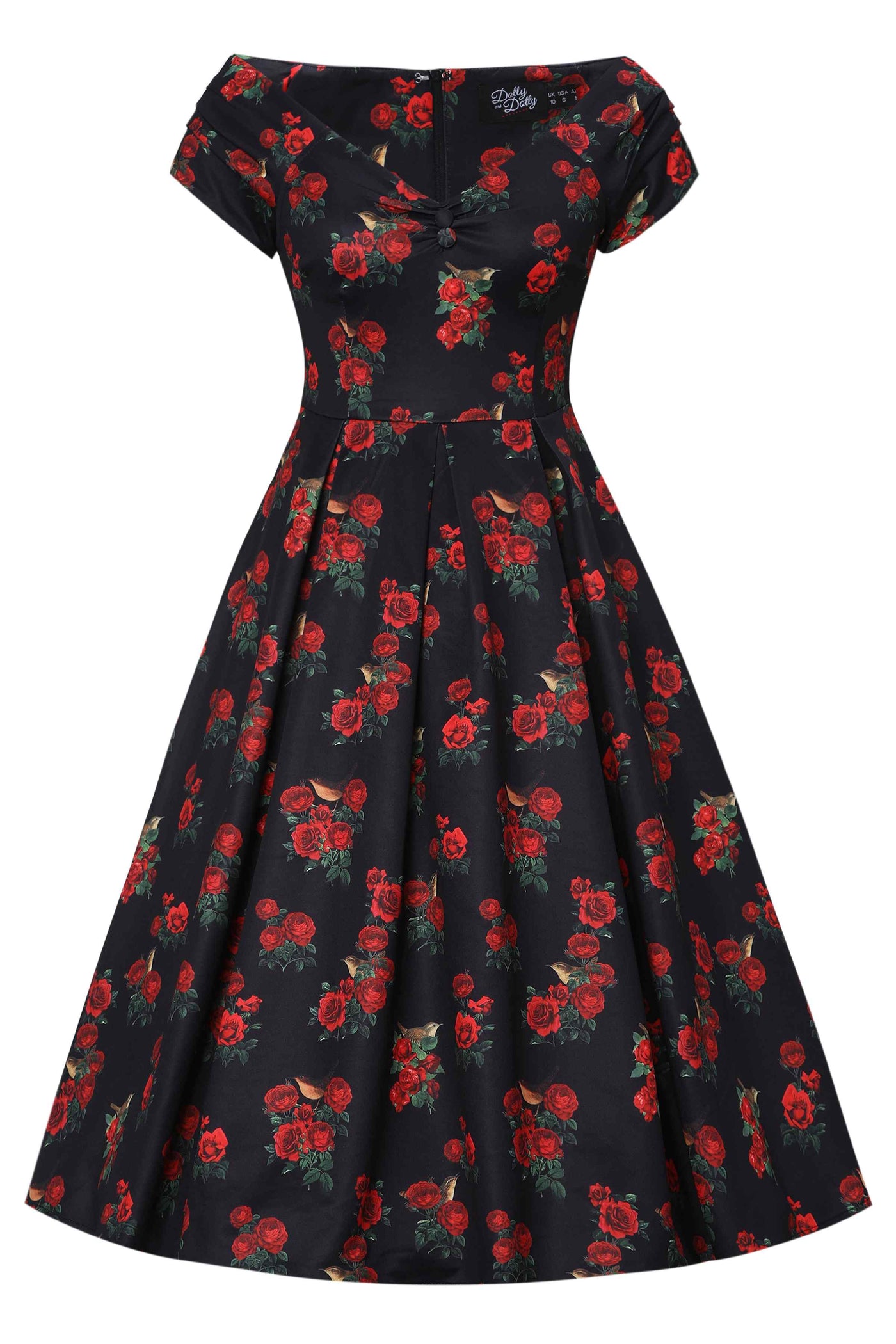 A lady wearing a Red Rose & Bird Off Shoulder Dress In Black
