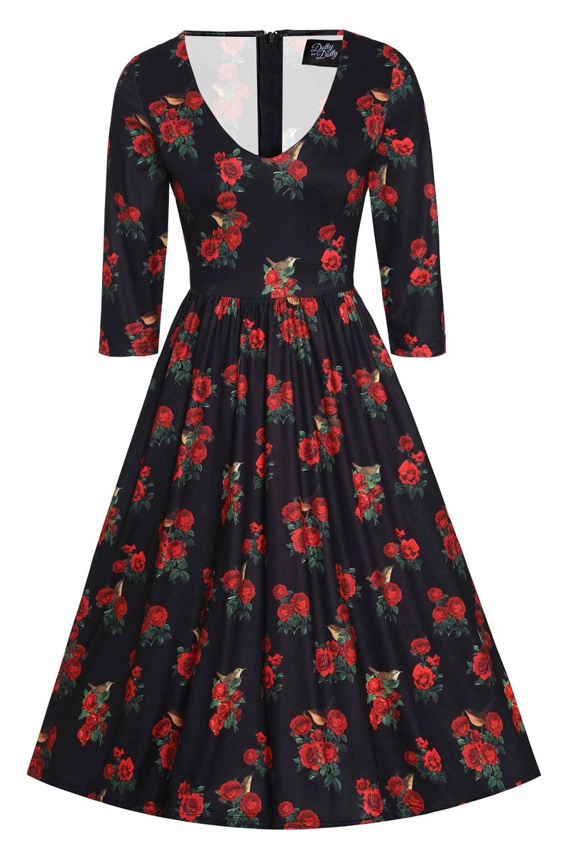 Front View of Red Rose and Bird Print Long Sleeved Dress in Black