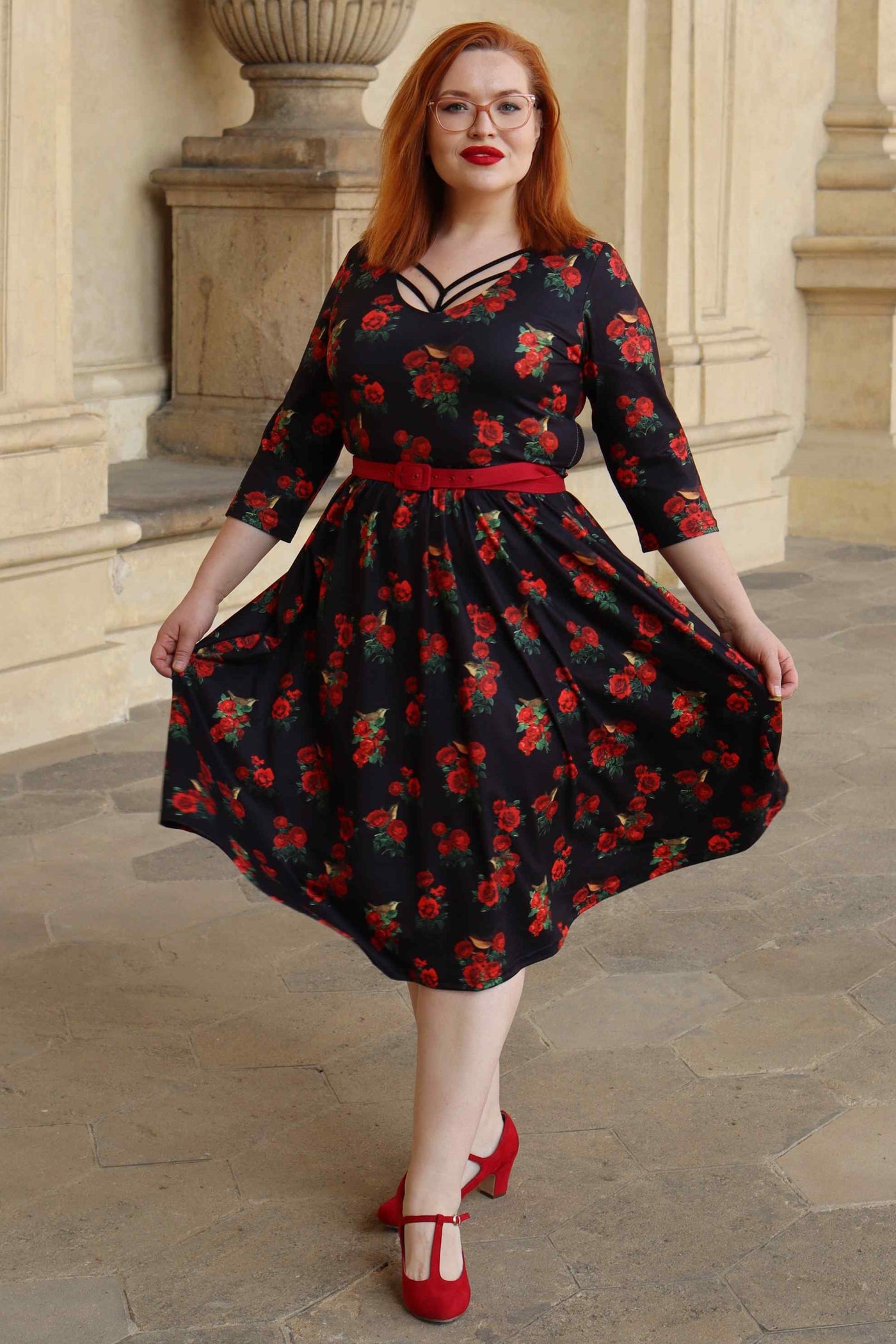 Red Rose & Bird Long Sleeved Dress