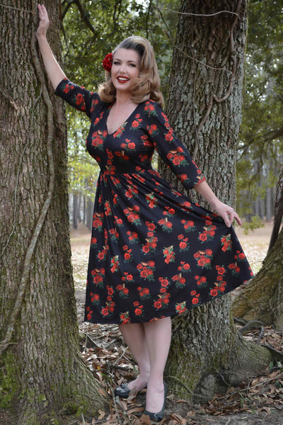 Red Rose & Bird Long Sleeved Dress