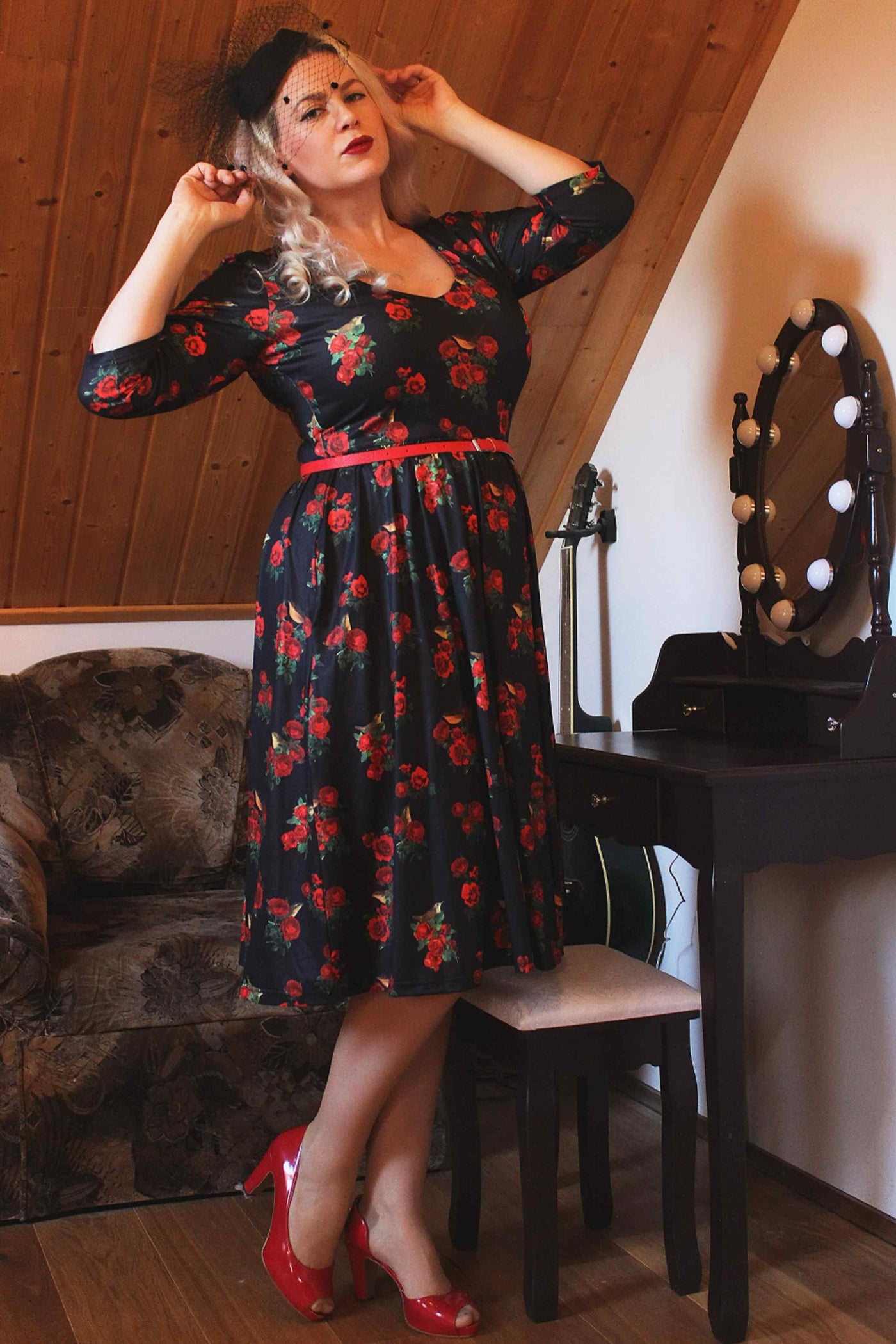 Red Rose & Bird Long Sleeved Dress