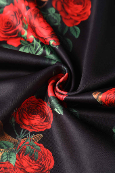Close up View of Red Rose and Bird Print Pencil Dress in Black