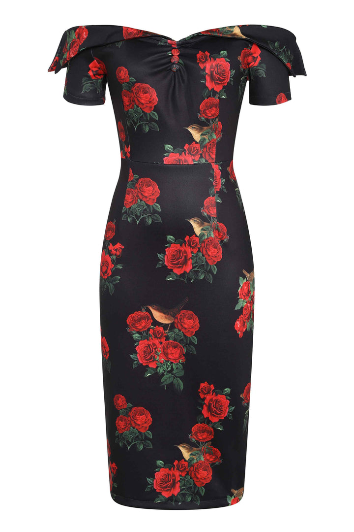 Monroe Black Rose & Bird Pencil Dress Monroe Black Rose & Bird Pencil Dress