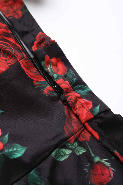 Close up view of Red Rose Dress In Black