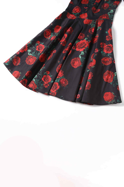 Close up view of Red Rose Dress In Black