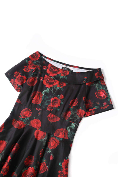 Close up view of Red Rose Dress In Black
