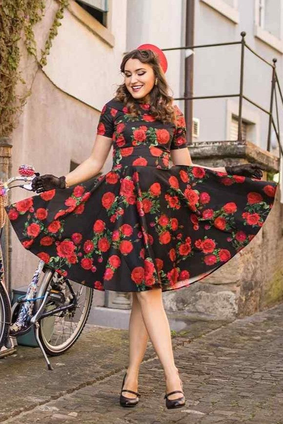 Darlene Retro Red Rose Dress In Black