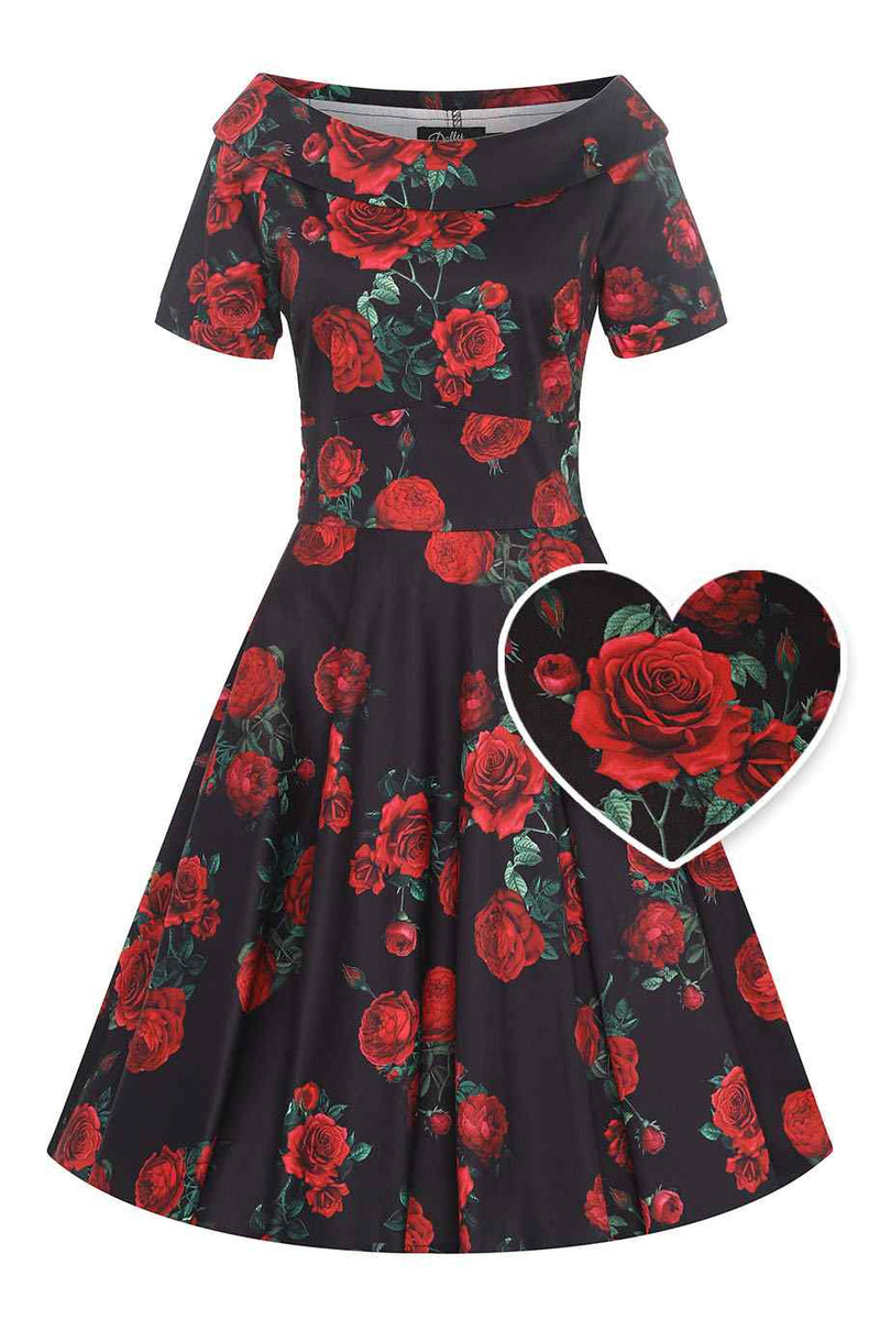 Front view of Red Rose Dress In Black