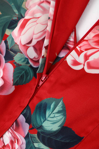Close up view of Red Rose Off Shoulder Midi Dress
