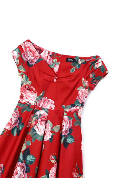 Close up view of Red Rose Off Shoulder Midi Dress