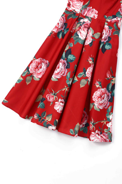 Close up view of Red Rose Off Shoulder Midi Dress
