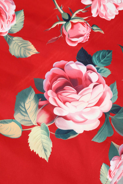 Close up view of Red Rose Off Shoulder Midi Dress