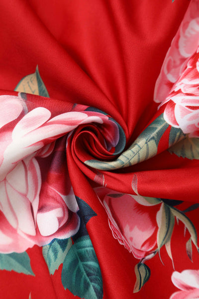Close up view of Red Rose Off Shoulder Midi Dress