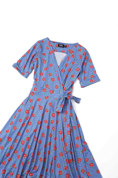 Close up view of Red Rose Wrap Dress In Blue