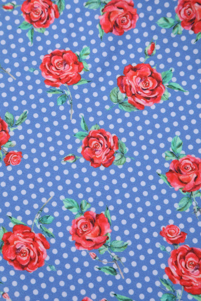 Close up view of Red Rose Wrap Dress In Blue