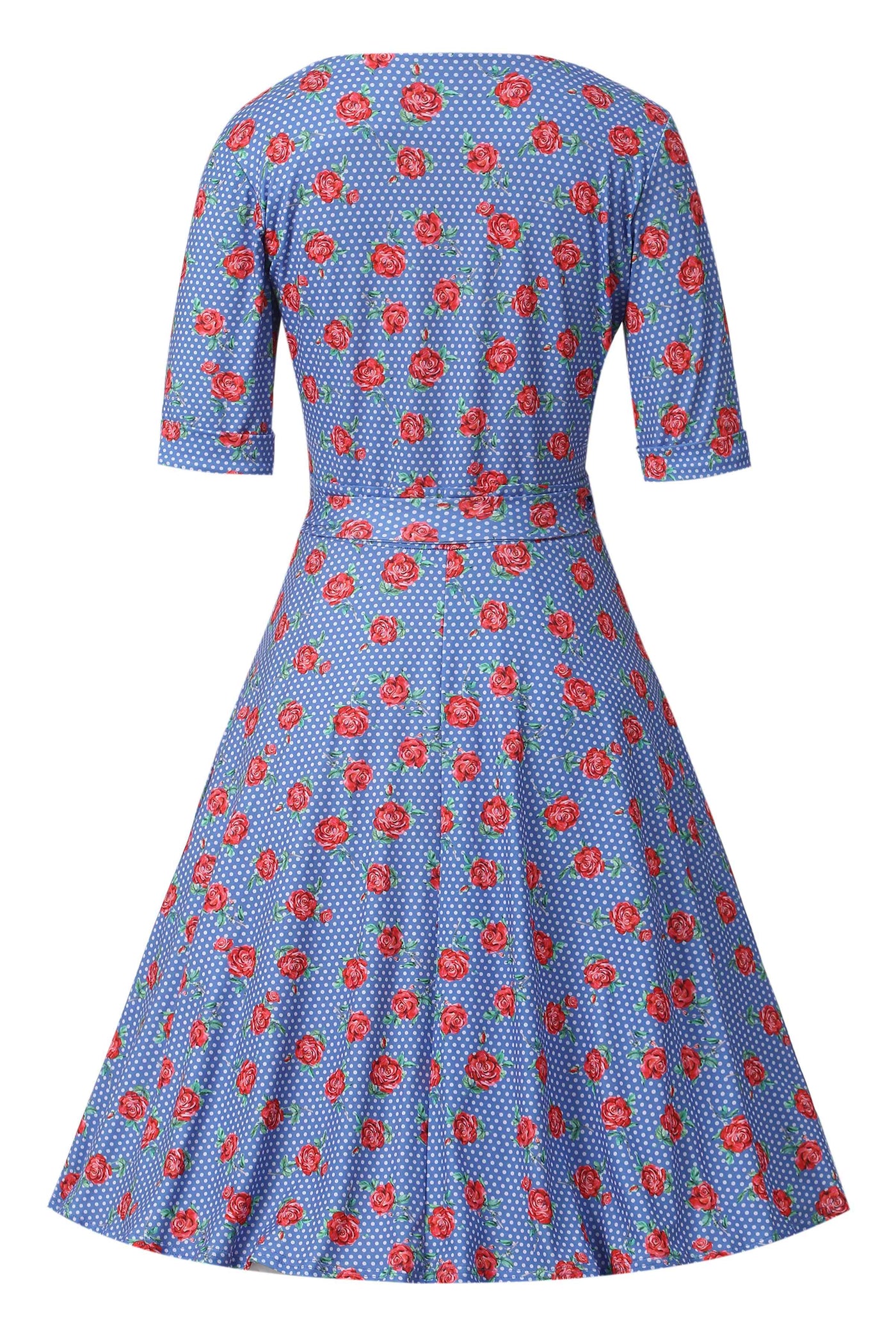 Back view of Red Rose Wrap Dress In Blue