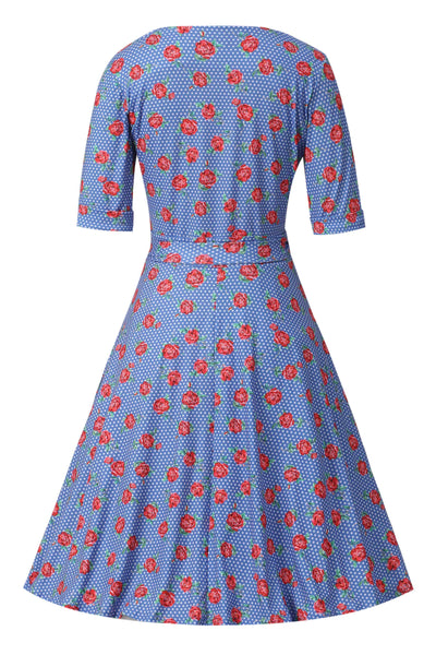 Back view of Red Rose Wrap Dress In Blue