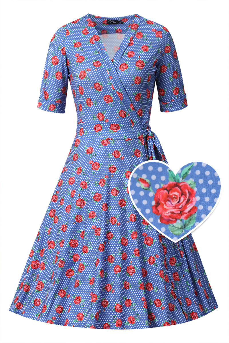 Summer Red Rose Wrap Dress In Blue Summer Red Rose Wrap Dress In Blue