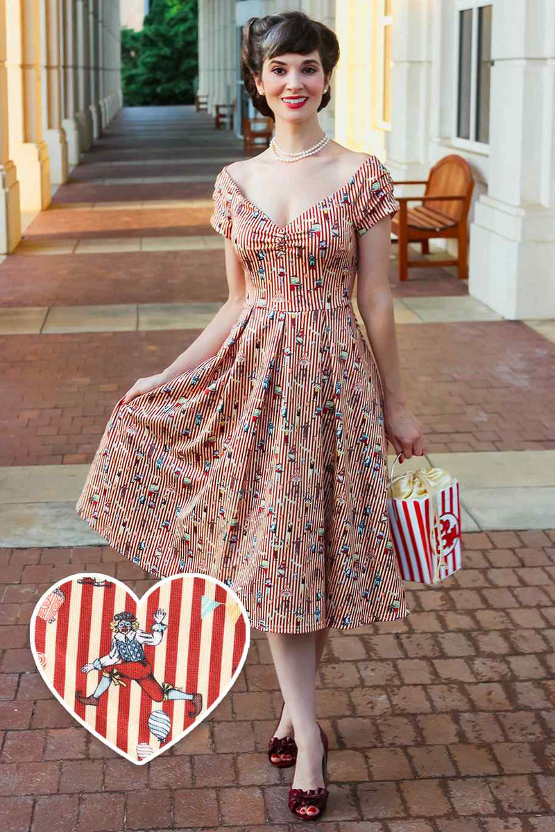 A model wearing a Red Striped Circus Off Shoulder Dress
