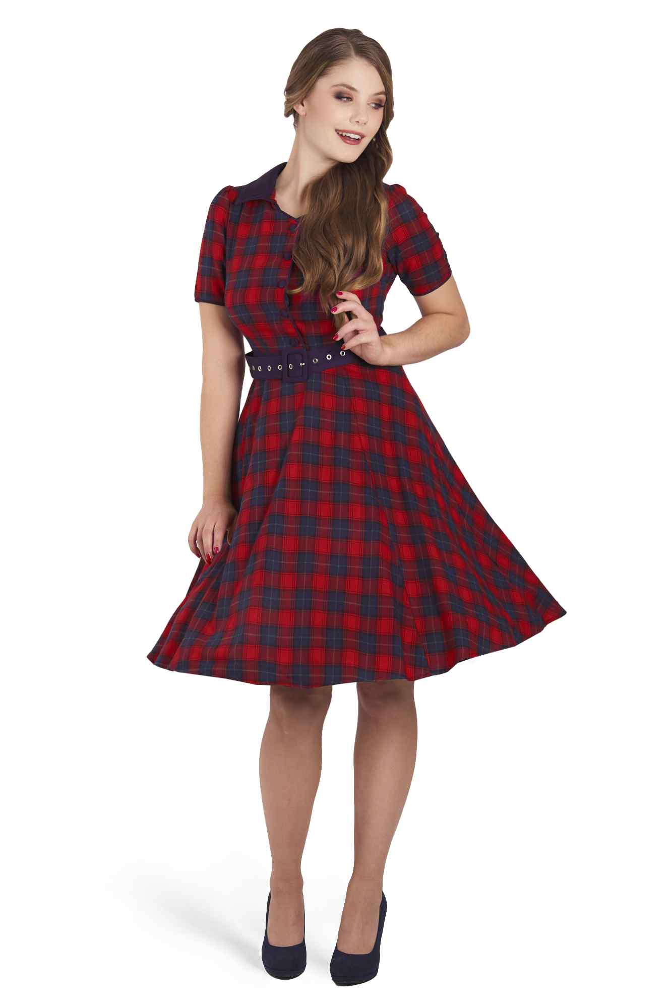 A model wearing Red Tartan Shirt Dress