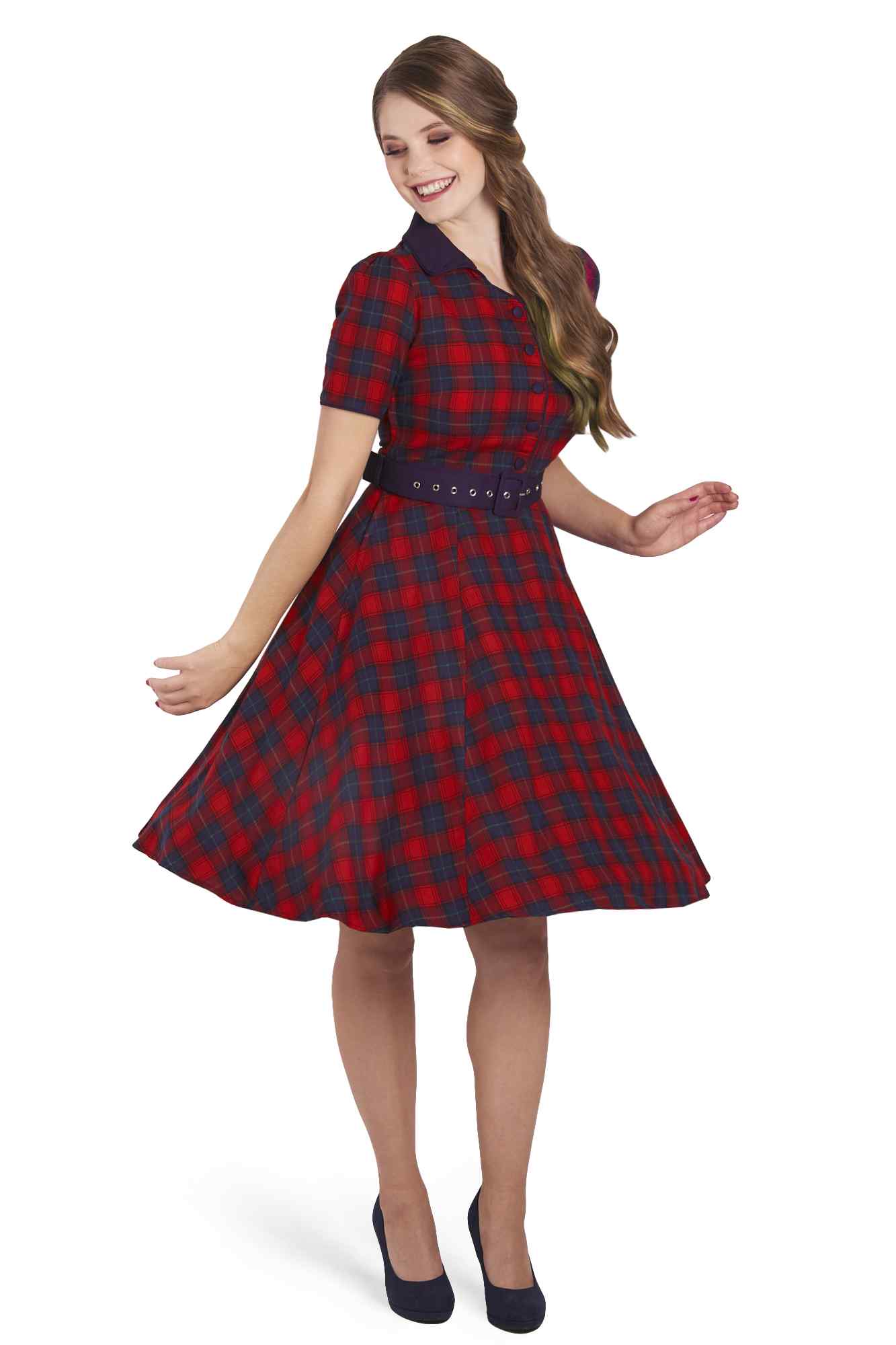 A model wearing Red Tartan Shirt Dress
