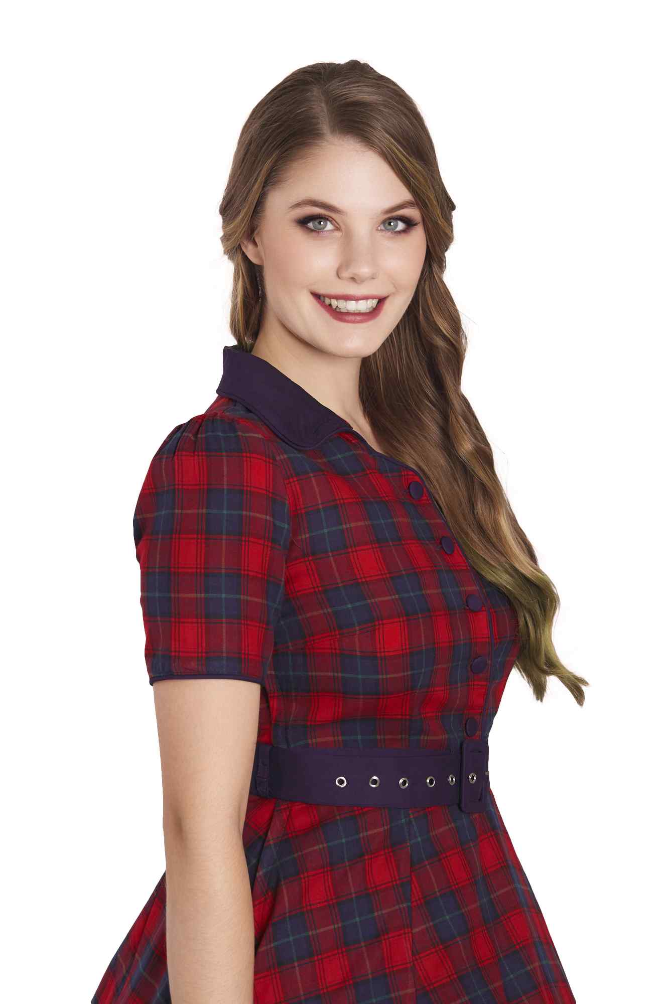 A model wearing Red Tartan Shirt Dress