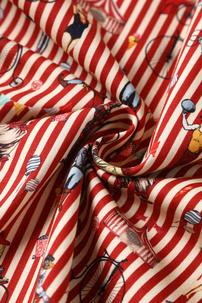 Close up View of Red Vintage Circus Striped Shirt Dress With Collar