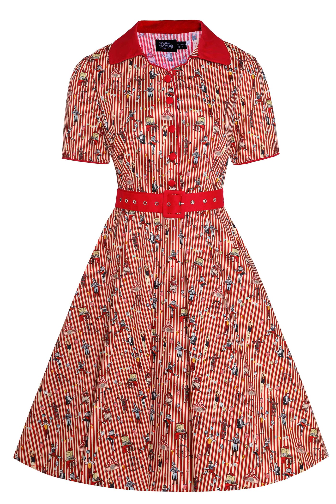 Front view of Red Vintage Circus Striped Shirt Dress