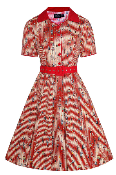 Front view of Red Vintage Circus Striped Shirt Dress