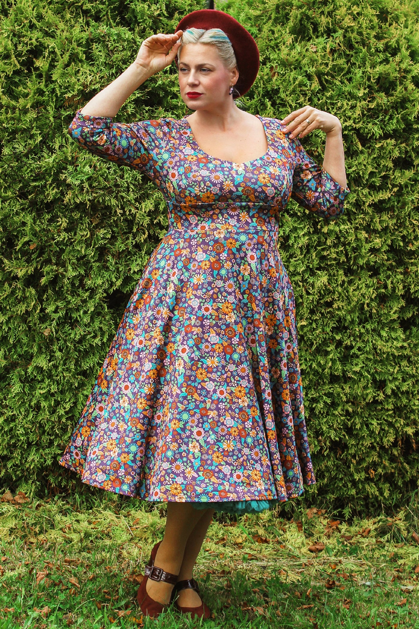 Retro 70s Floral Print Dress In Dark Purple - Main Image