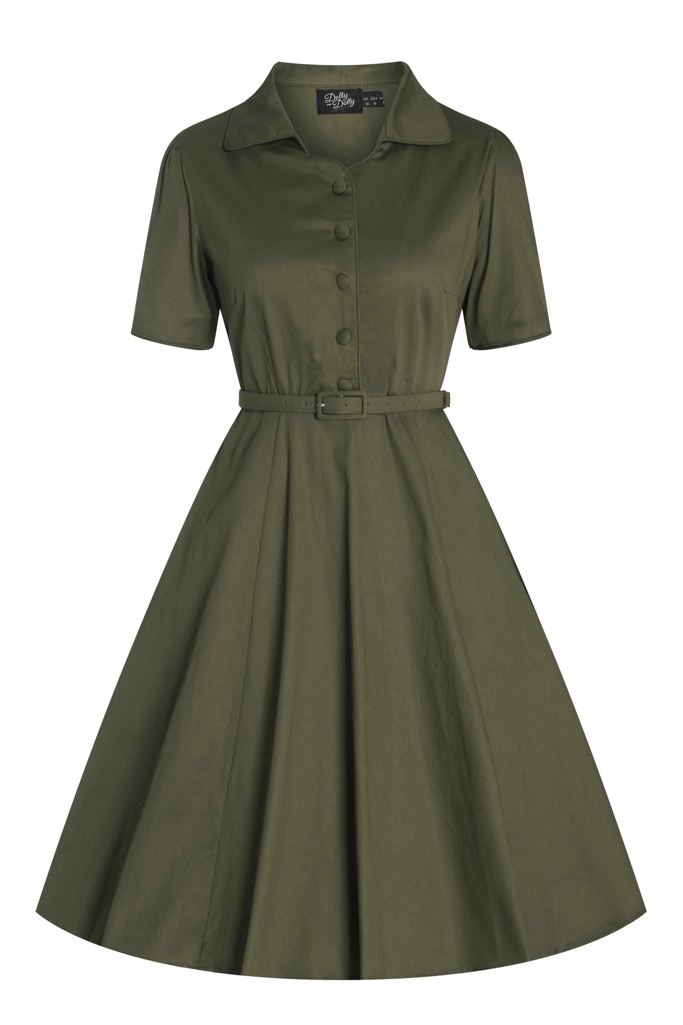 Front view of Retro Army Green Shirt Dress