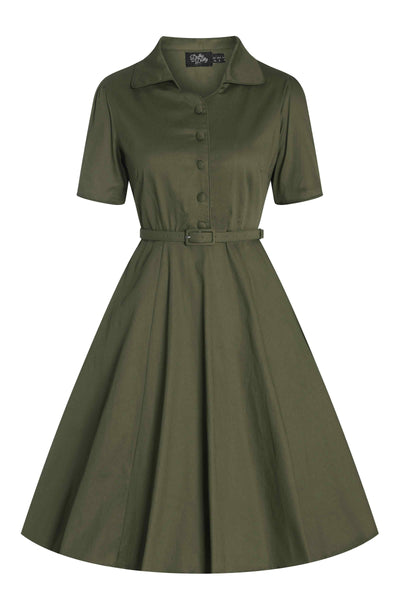 Front view of Retro Army Green Shirt Dress