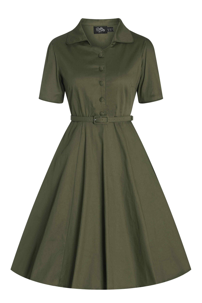 Front view of Retro Army Green Shirt Dress