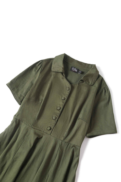 Close up view of Retro Army Green Shirt Dress