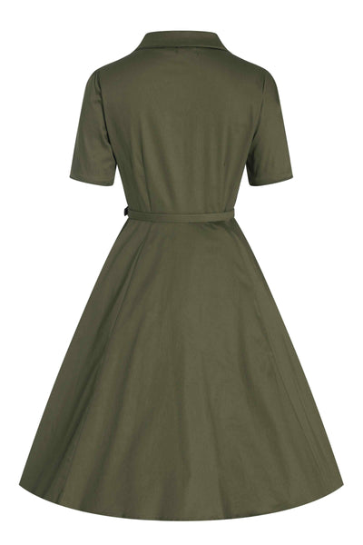Back view of Retro Army Green Shirt Dress