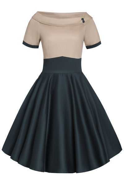 Front view of Darlene Retro Beige/Dark Green Swing Dress