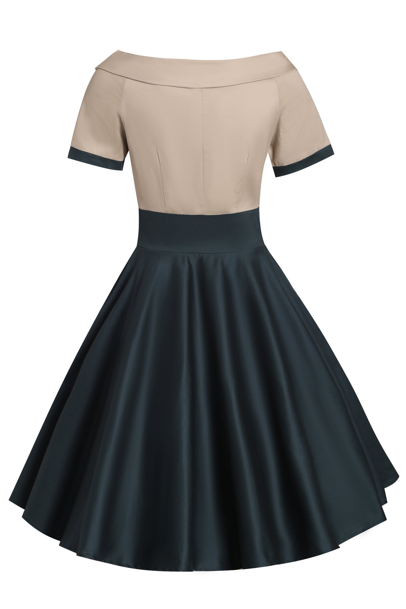 Back view of Darlene Retro Beige/Dark Green Swing Dress