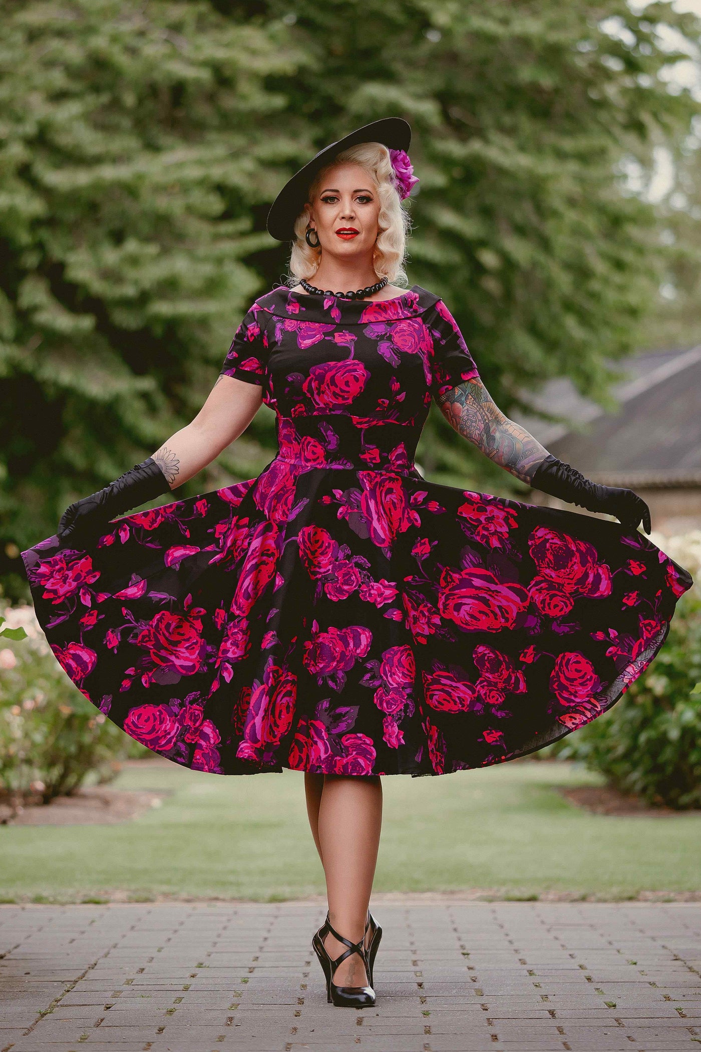 Darlene Retro Black/Pink Roses Swing Dress - Dolly and Dotty Darlene Retro Black/Pink Roses Swing Dress - Dolly and Dotty