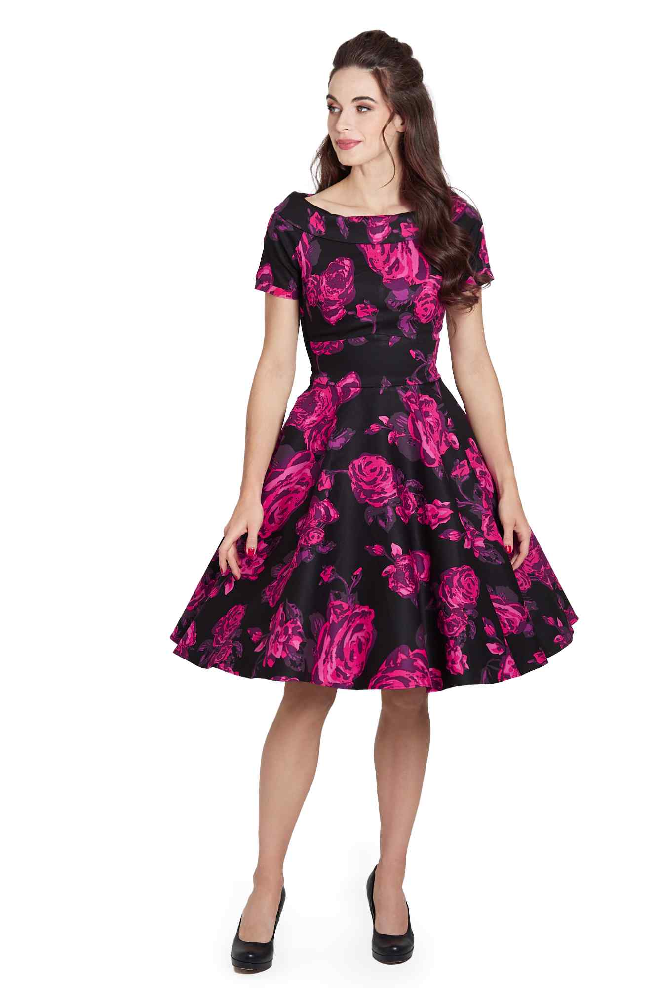 Darlene Retro Black/Pink Roses Swing Dress