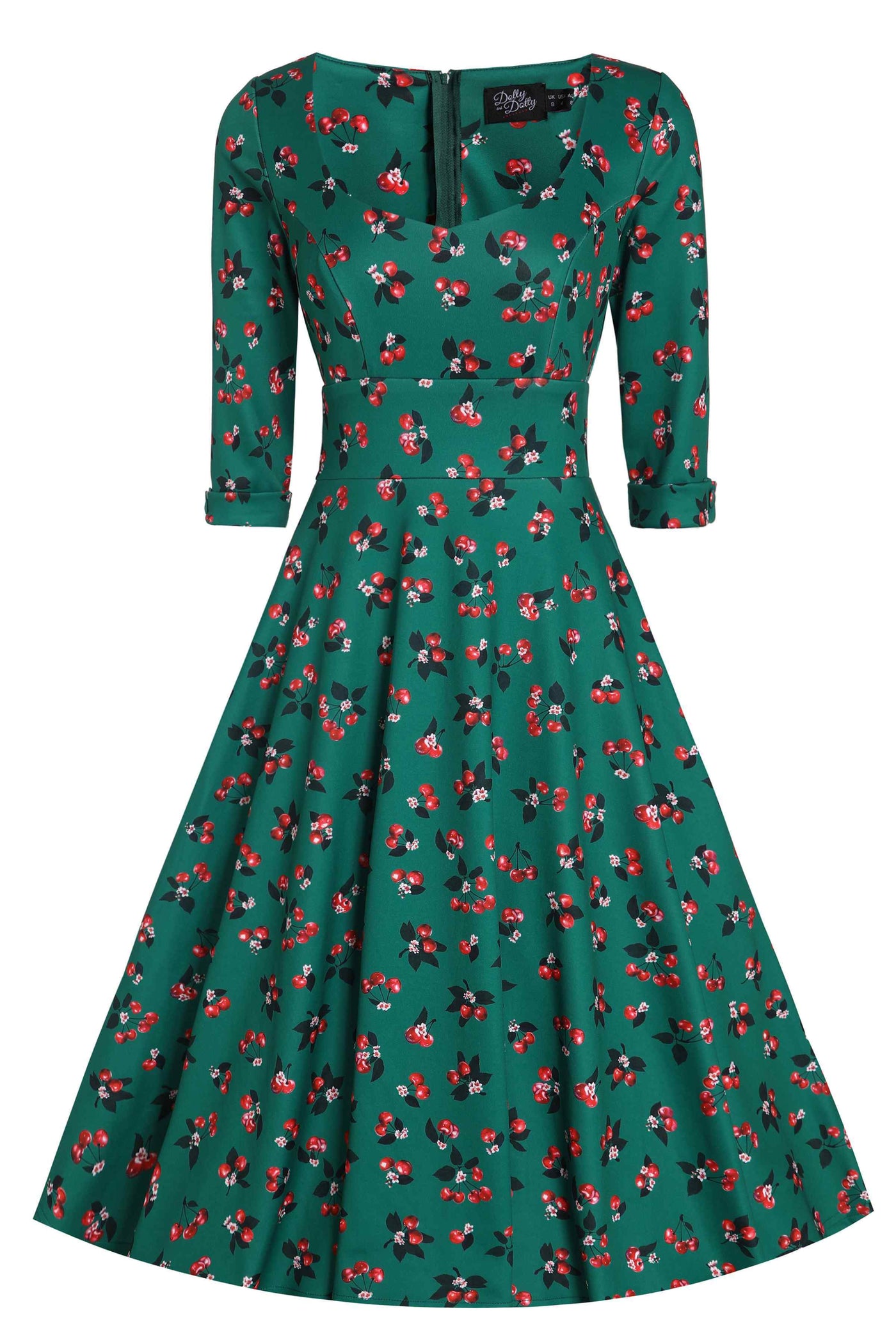 Front View of Retro Cherry Emerald Green Midi Dress